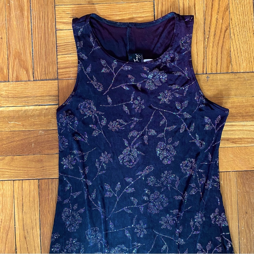 Vintage All That Jazz Black Slinky Maxi Dress with Glitter Flowers - Picture 2 of 7